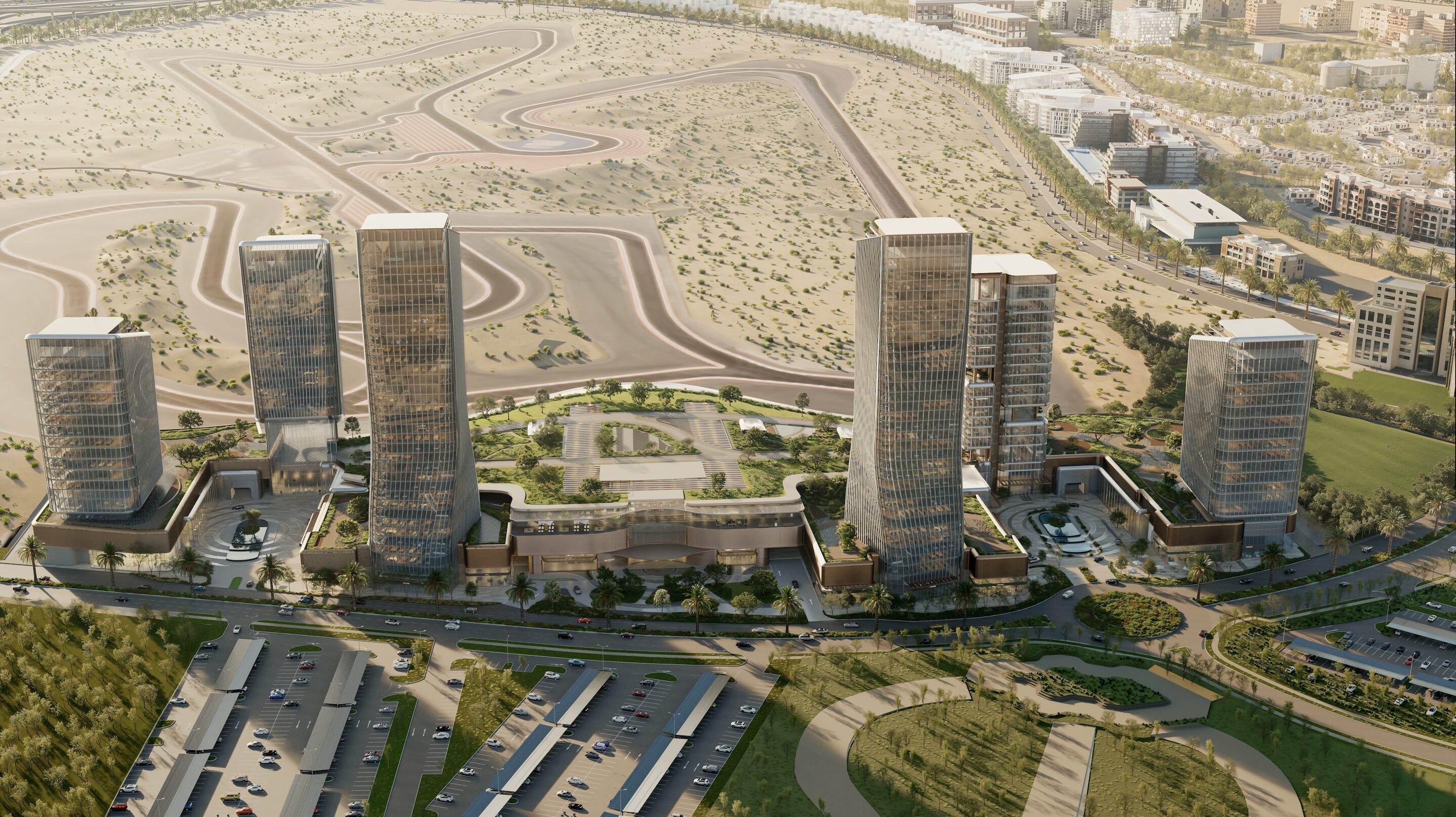 O1NE District towers beside Dubai Autodrome, Motor City
